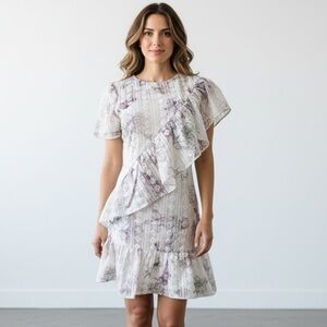 TULAROSA dress, ruffles, flutter sleeves, lacey, cream and purple floral, sz S